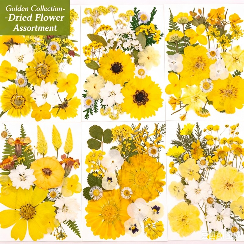 Dried Flower Pressed - 6種類の21個入り新しい黄色のミックスドライフラワーパック、DIY押し花や葉用、ピンセット付き本物の天然ドライフラワー、DIYクラフト、レジンジュエリー、カード作成用