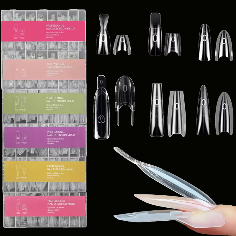 Resin Art Guide Free - 120/150/240個入りサンドイッチネイル、2種類の形状：短い楕円形の再利用可能なネイルフォーム（ガイドライン付き）、15サイズのネイルモールド（ネイルエクステンション用）、サロンや自宅DIYネイルアートツール用