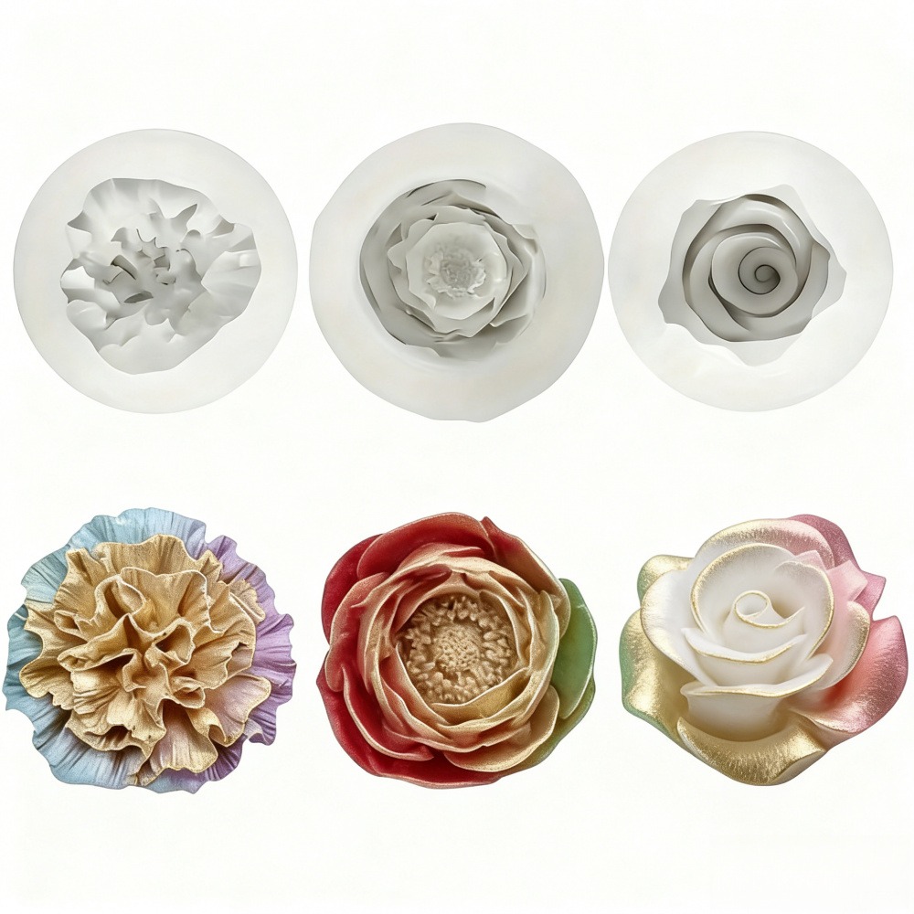 Resin Art Design For Wedding - バラ、牡丹、カーネーション用の3ピースシリコンモールド、キャンドル、石鹸、粘土工芸品に最適、手工芸品、家の装飾、結婚式、誕生日、バレンタインデー、感謝祭のギフトに最適 - キャンドル作りの材料、レジンアート、繊細な花びら、工芸愛好家向けに特別に設計された複雑な型、精巧な型のディテール | 詳細な花びらの質感